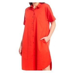 Eileen Fisher Organic Cotton Button-up Shirt Dress Size-L Geranium Orange
